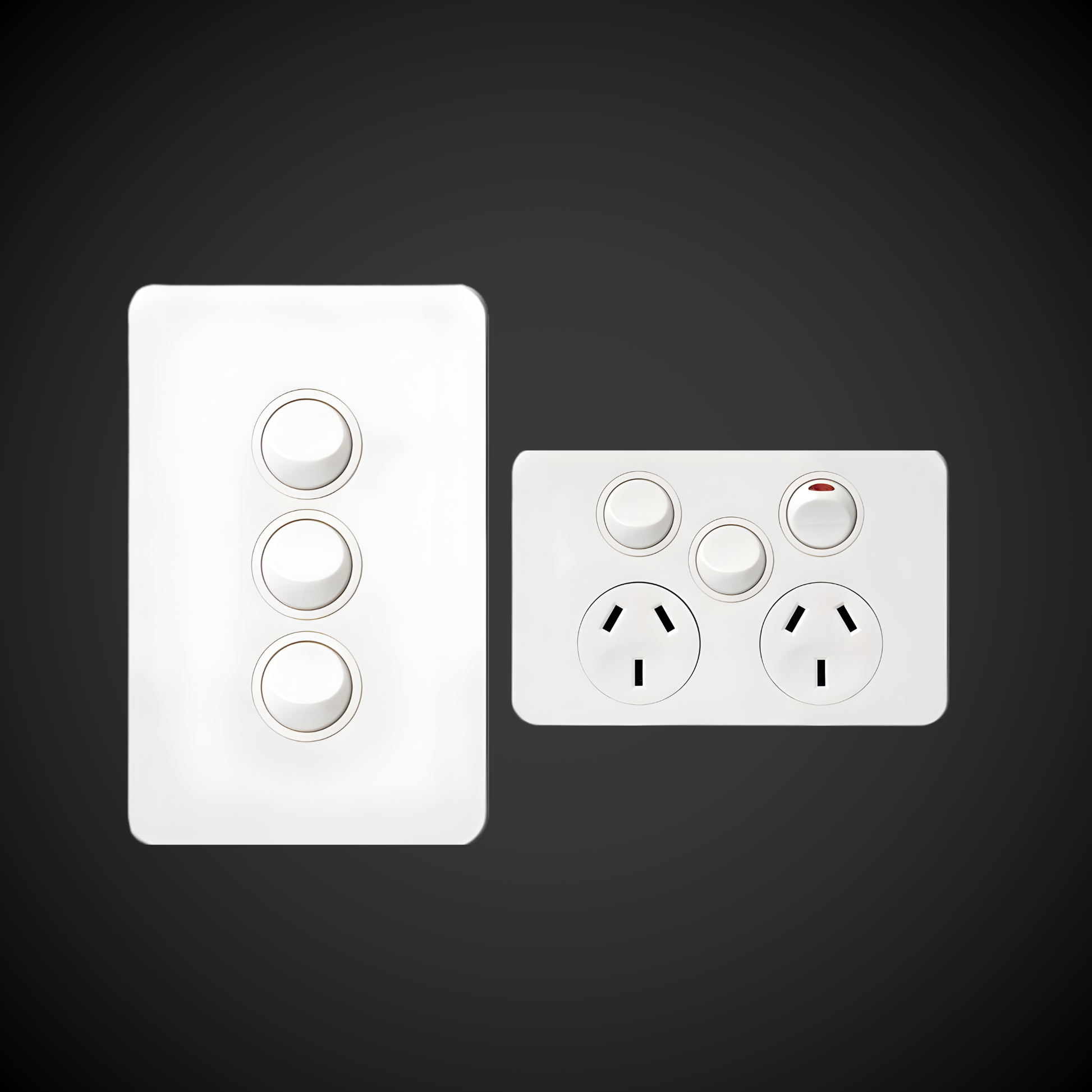 Two white light switches on a black background