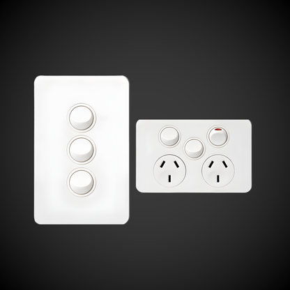 Two white light switches on a black background