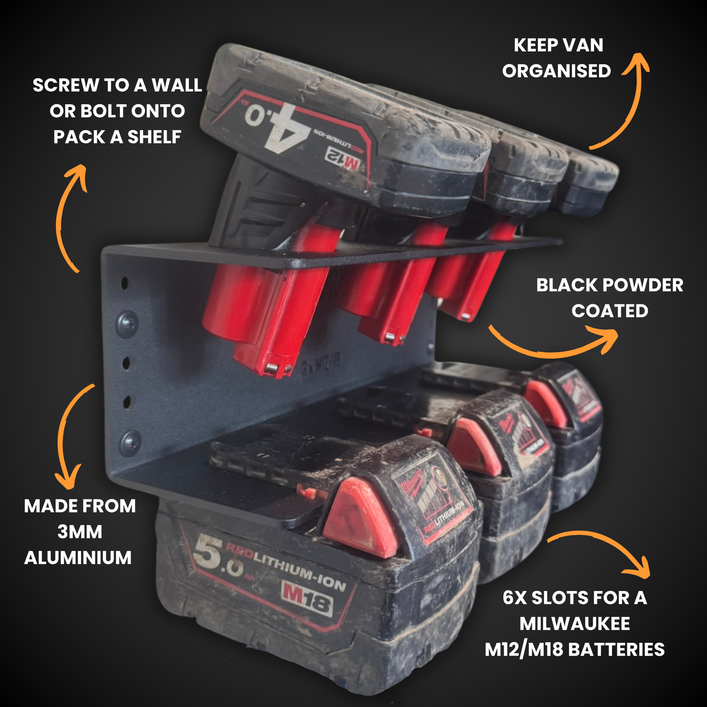 M12/M18 Tool battery holder with features highlighted on a black background