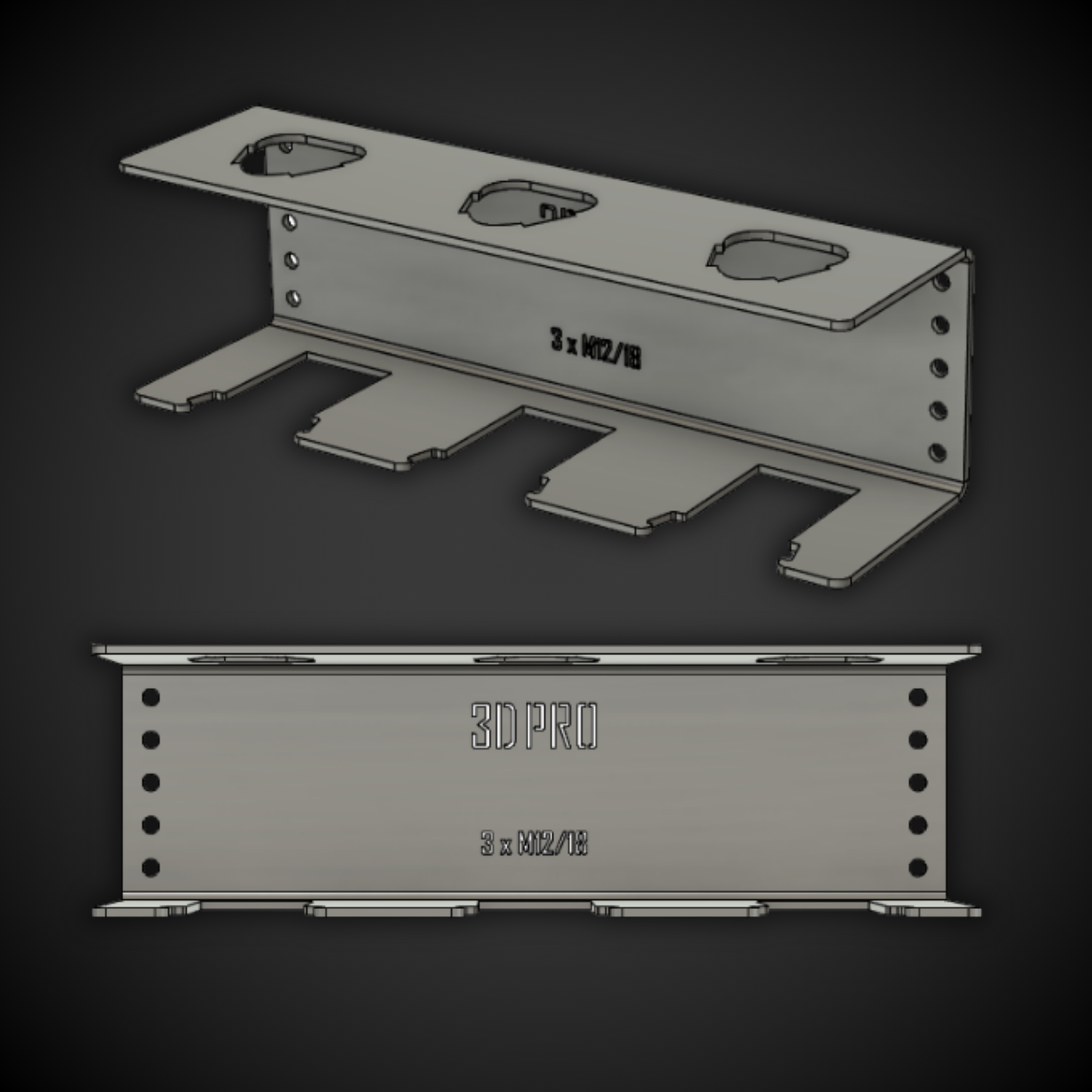Black metal M12/M18 Battery Holder from 3DPRO with '3DRO' branding on a dark background
