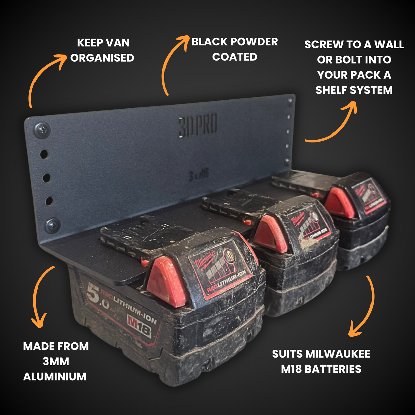 3DPRO M12/M18 Battery Holder (Pack a Shelf) with Milwaukee batteries on a black background, featuring text on features.