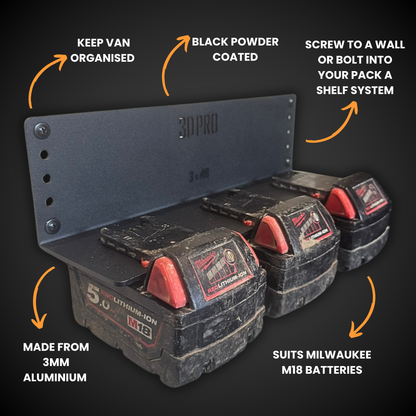 3DPRO M12/M18 Battery Holder (Pack a Shelf) with Milwaukee batteries on a black background, featuring text on features.