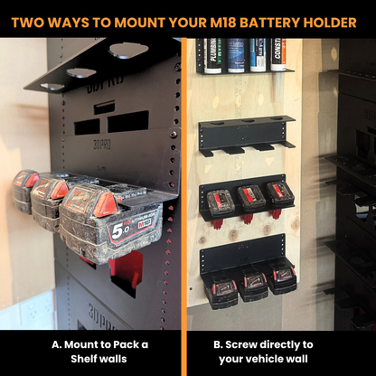 Two methods to mount an M18 battery holder on a shelf and vehicle wall.