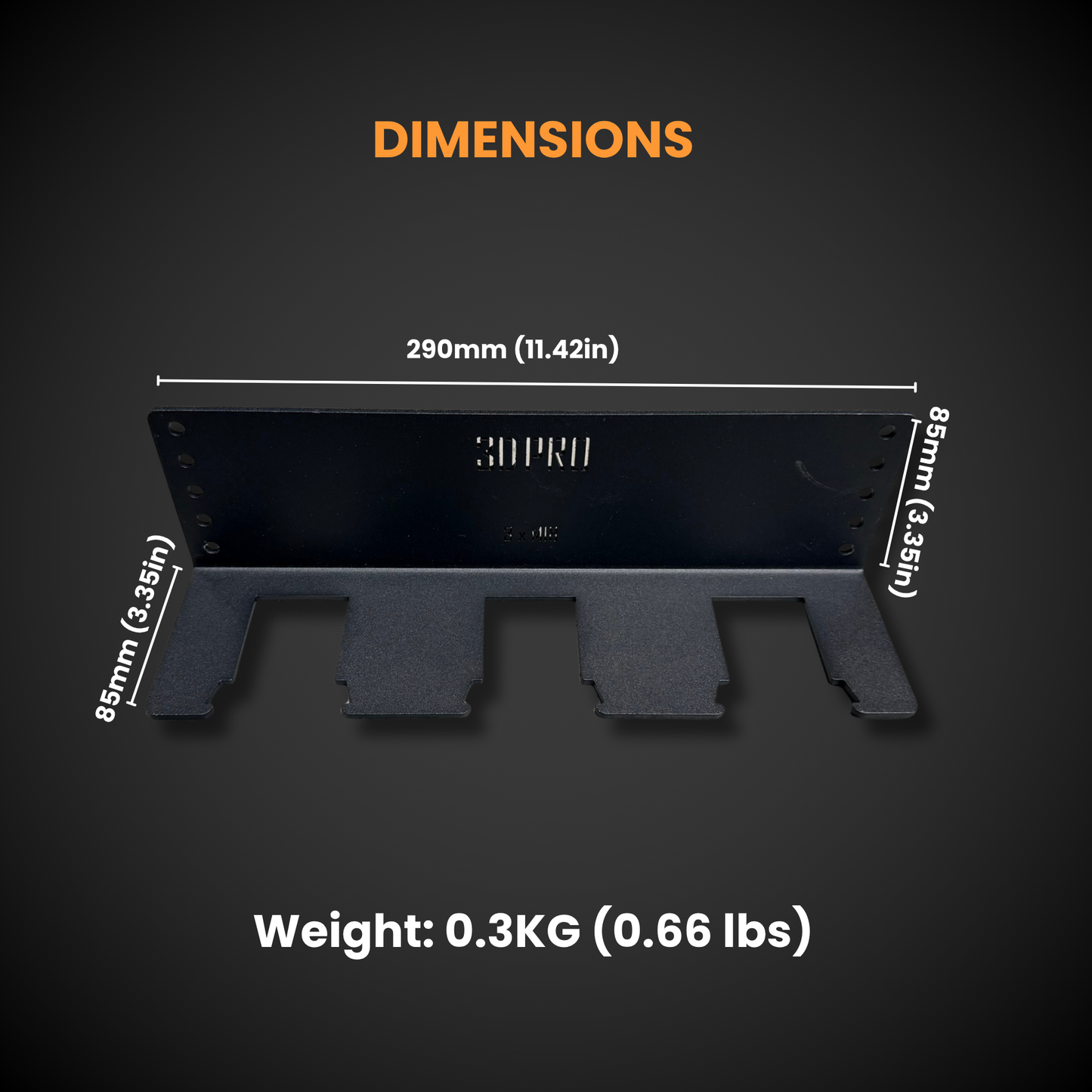 M18 Battery Holder (Pack a Shelf) with dimensions and weight information on a dark background