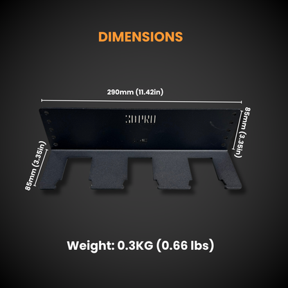 M18 Battery Holder (Pack a Shelf) with dimensions and weight information on a dark background