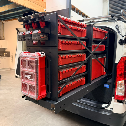 Hiace van set up with red storage bins and 3DPRO pack a shelf system