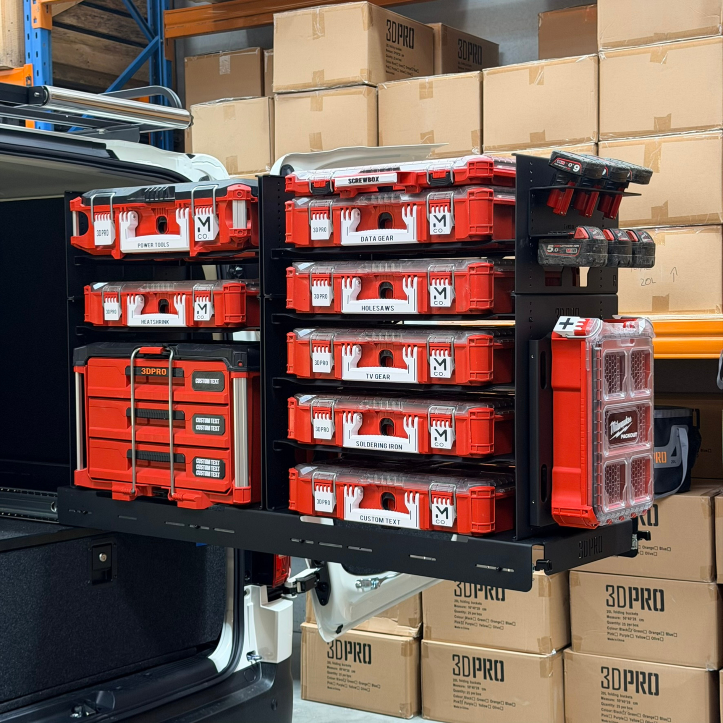 Two methods to mount an M18 battery holder on a shelf and vehicle wall.