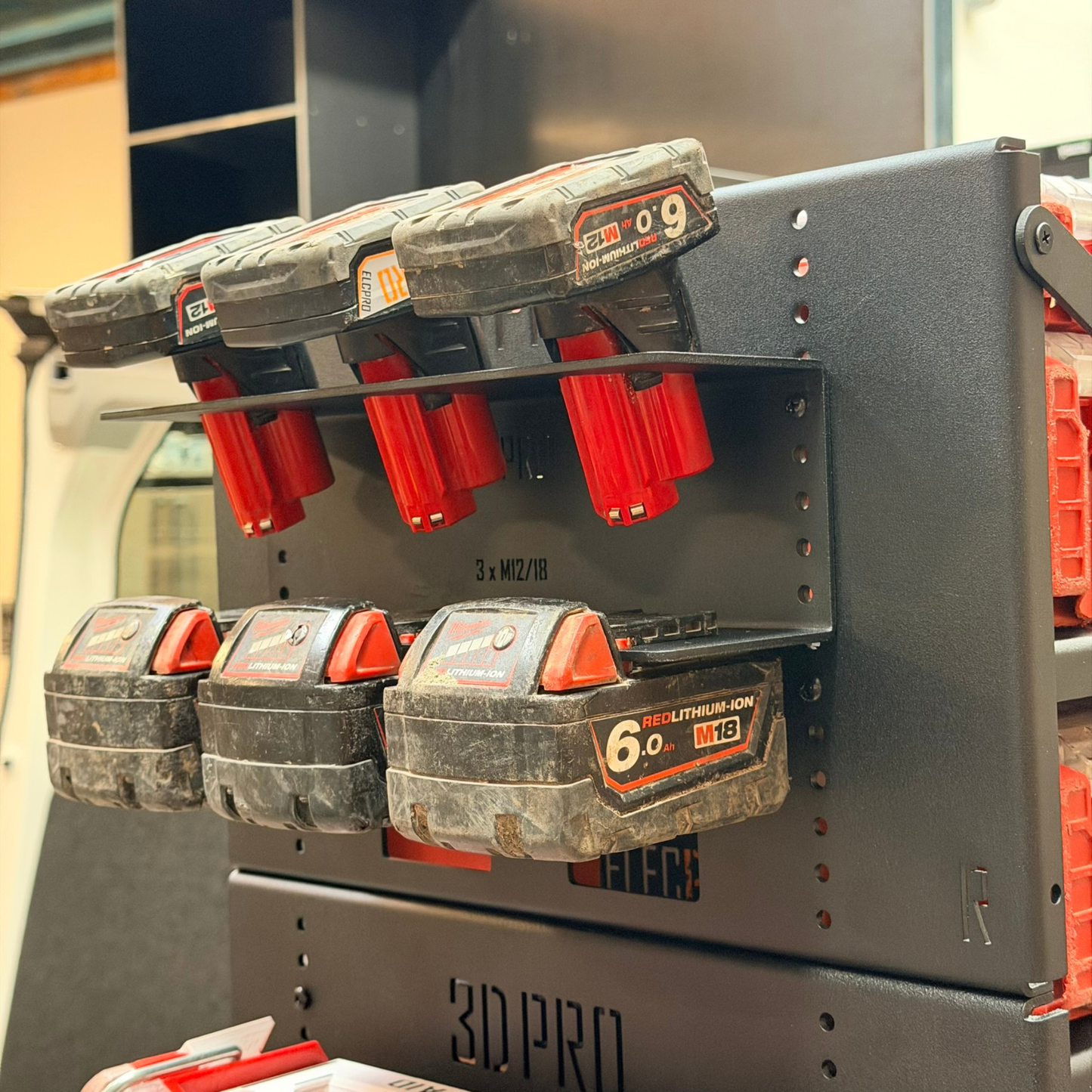 Battery packs on a 3DPro power station with a blurred background