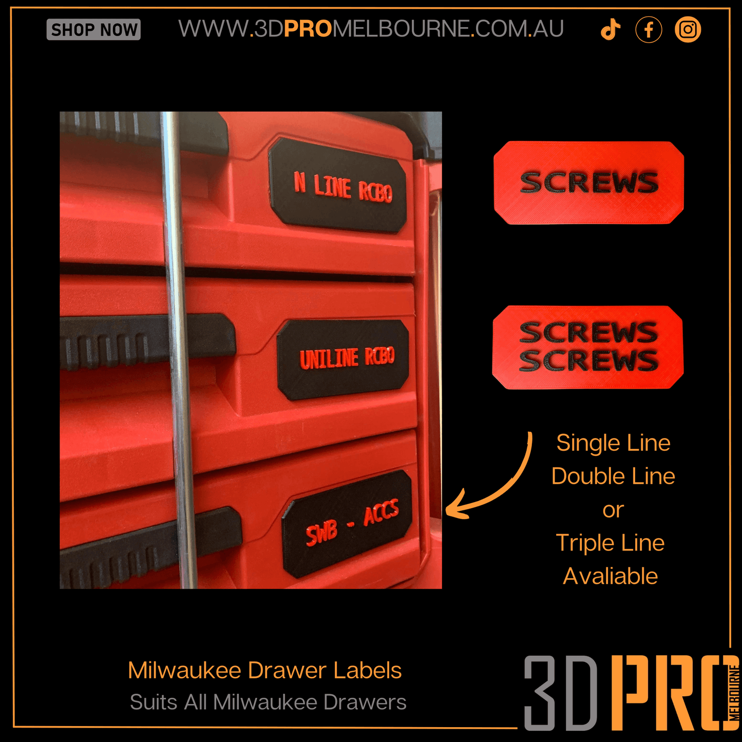 Red custom drawer labels with white text, available in various font styles, designed to suit Milwaukee packout drawers. The labels can be customized with up to three lines of text and are shown in different sizes and colors.