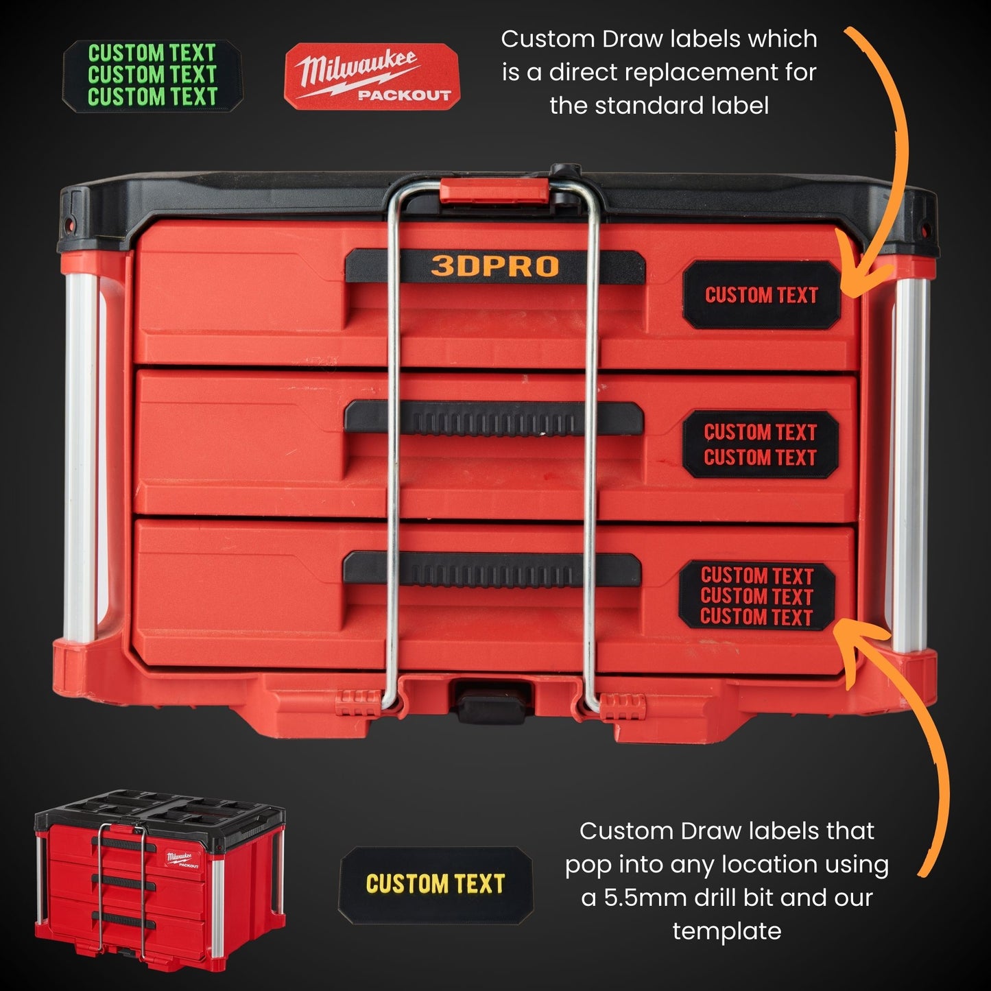 Milwaukee packout with customizable labels on a black background, featuring Milwaukee Packout branding.