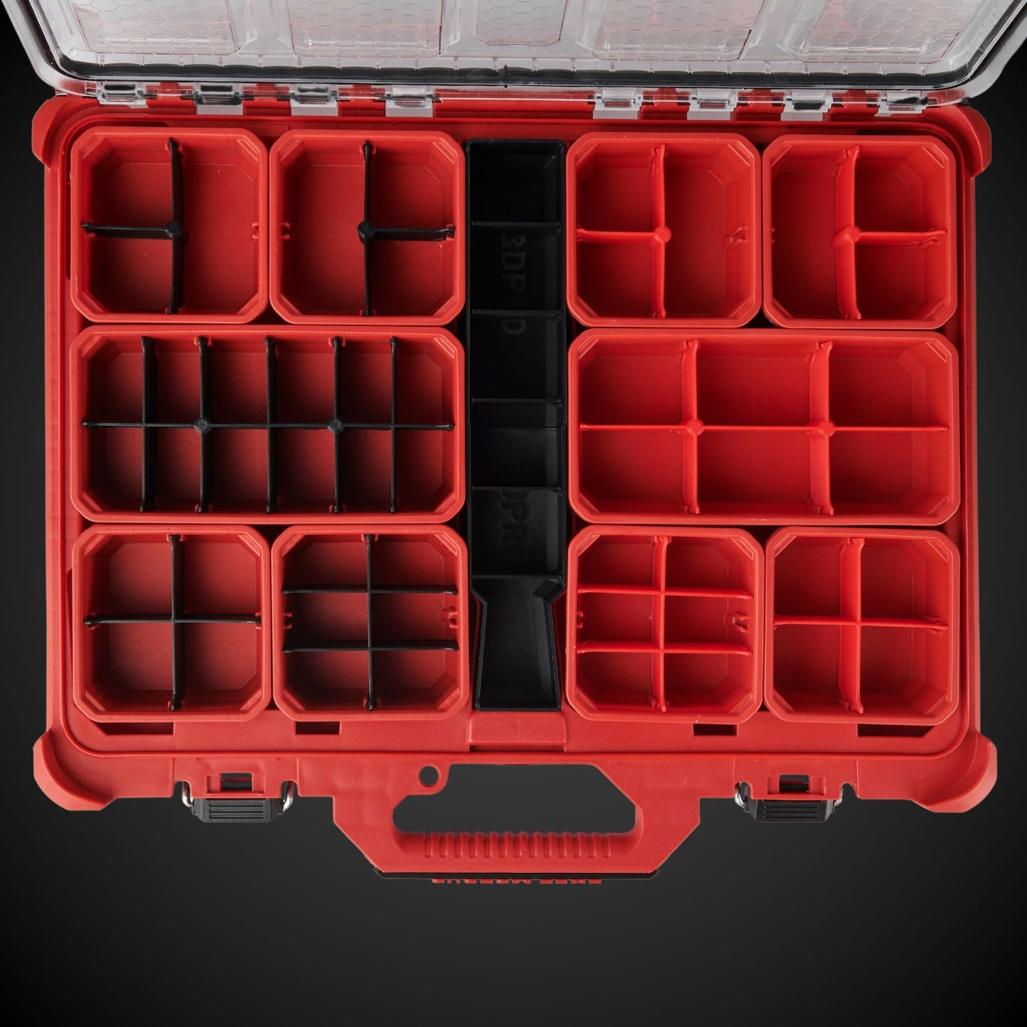 Red Milwaukee Tool Box with customized dividers by 3DPRO on a black background