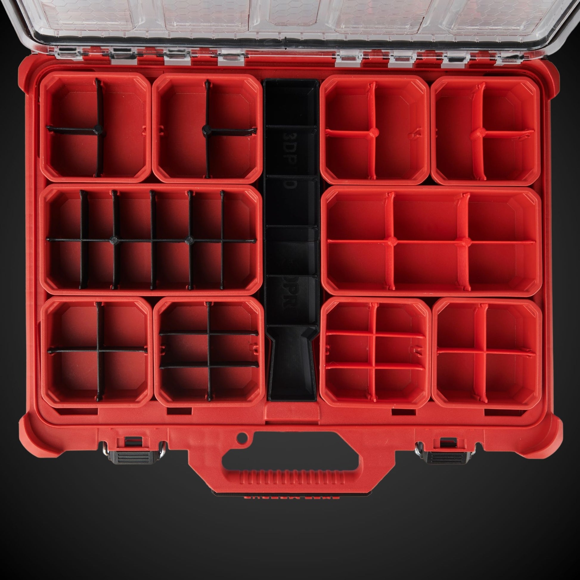 Red Milwaukee Tool Box with customized dividers by 3DPRO on a black background