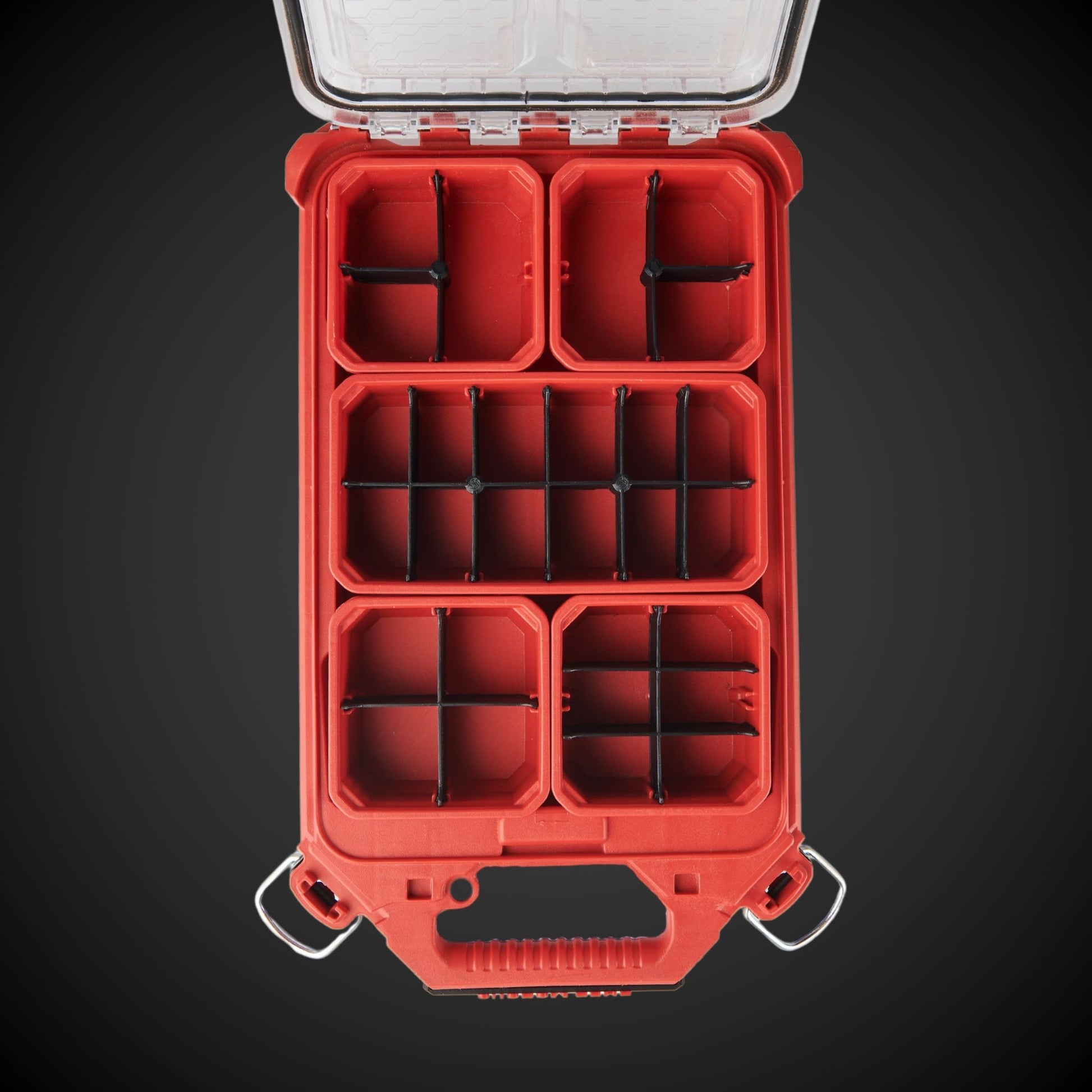 Red Milwaukee tool box with 3DPRO customized dividers as compartments on a black background