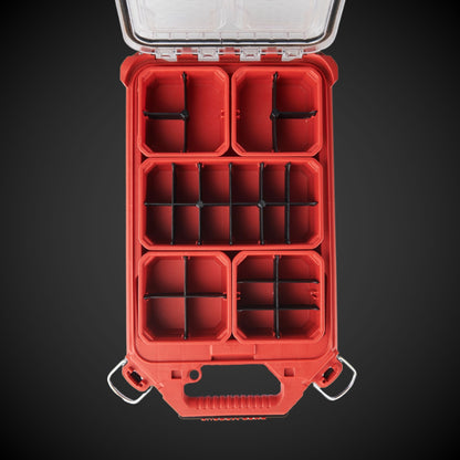 Red Milwaukee tool box with 3DPRO customized dividers as compartments on a black background