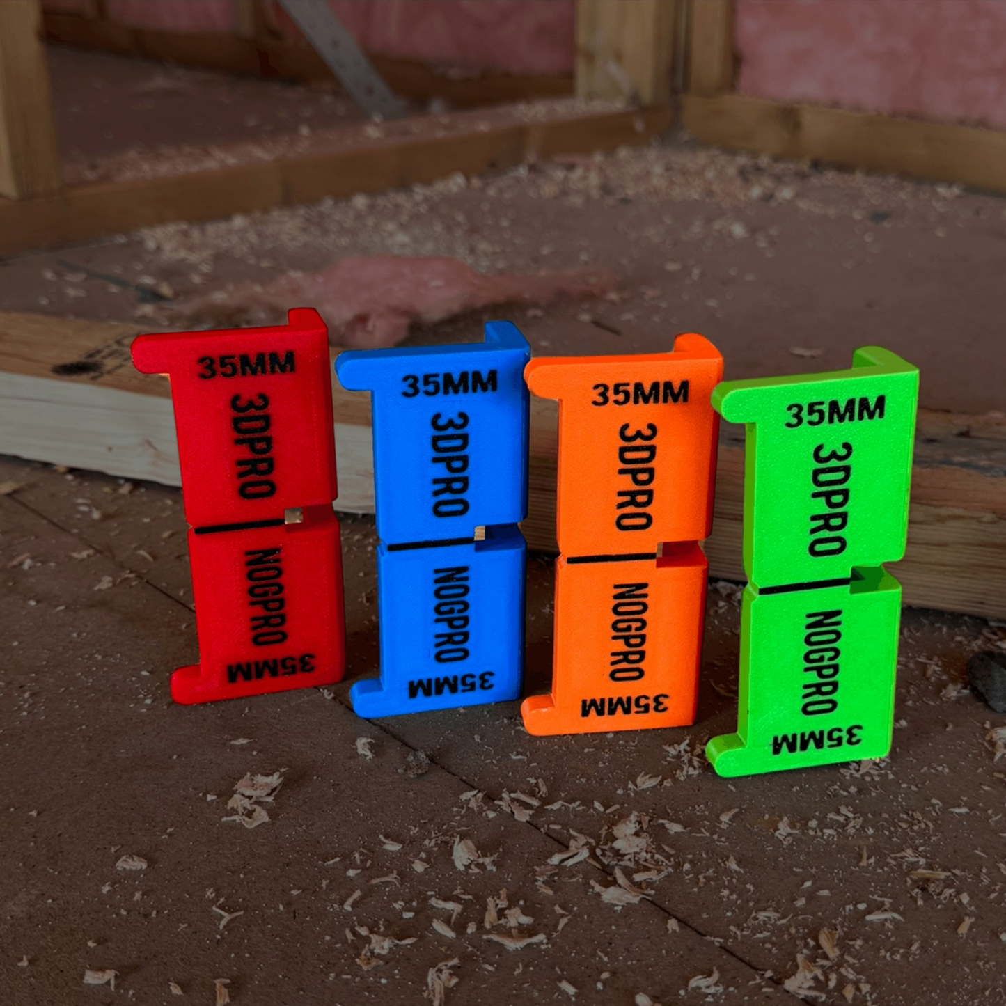 Four colorful Nog Pro - Noggin SetBacks labeled '3DPRO' on a construction site background.