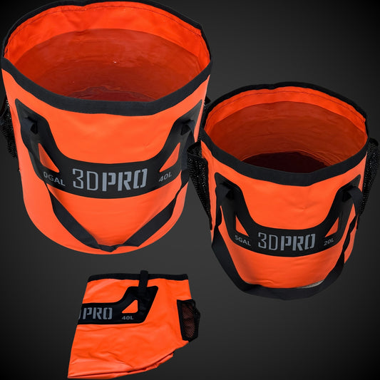 Orange 3D Pro buckets with black handles on a dark background
