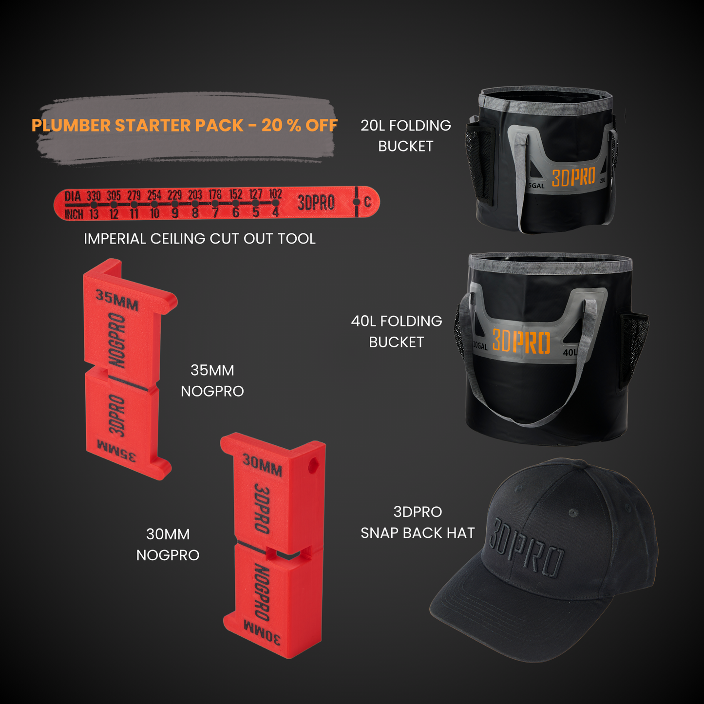 Plumber starter pack with tools and accessories on a dark background