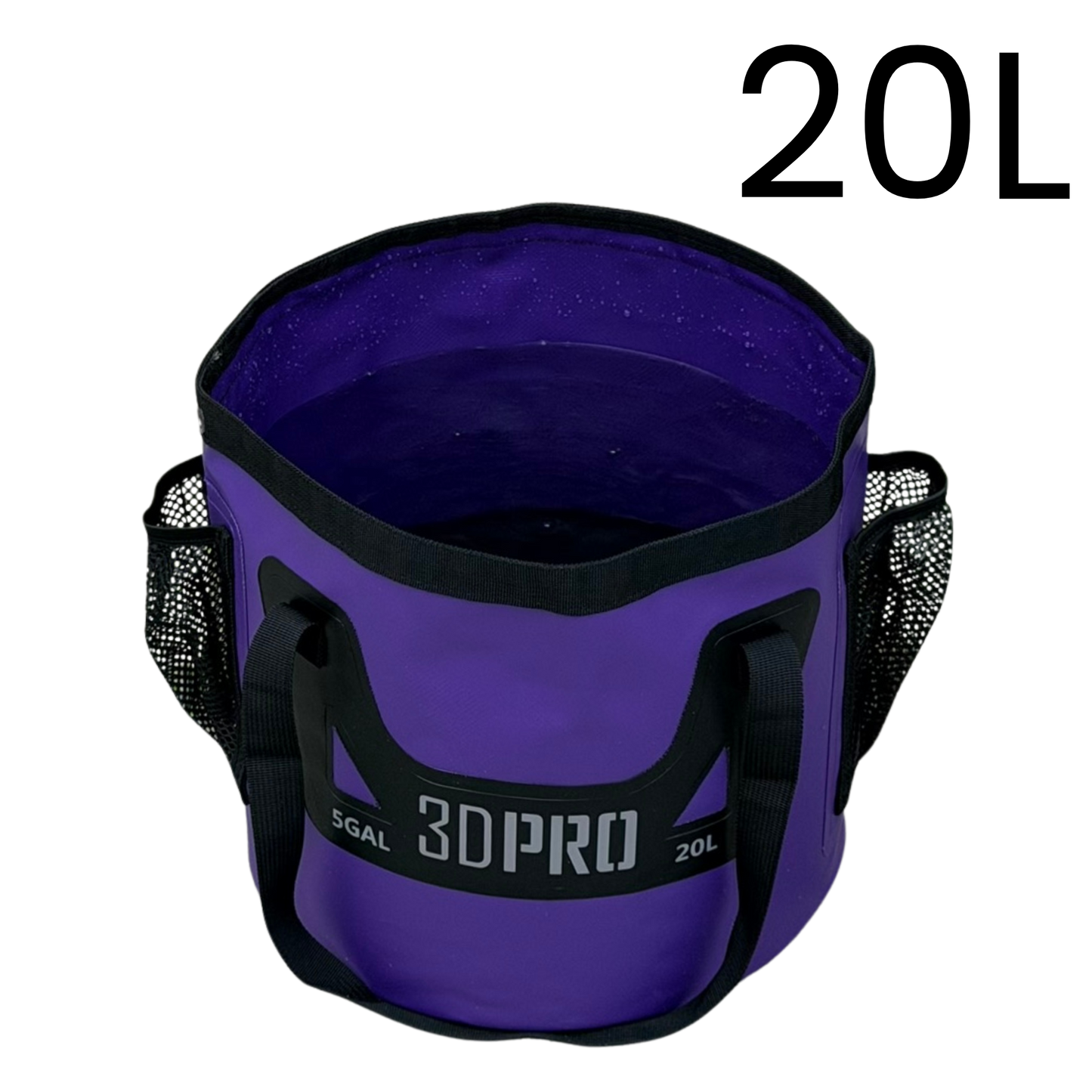 Purple collapsible bucket with black handles and mesh side, labeled '3DPRO' and '20L'.