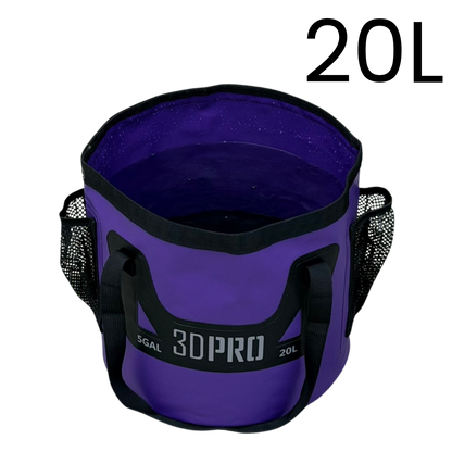 Purple collapsible bucket with black handles and mesh side, labeled '3DPRO' and '20L'.