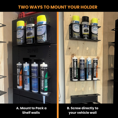Two ways to mount a holder with spray cans and bottles on shelves.