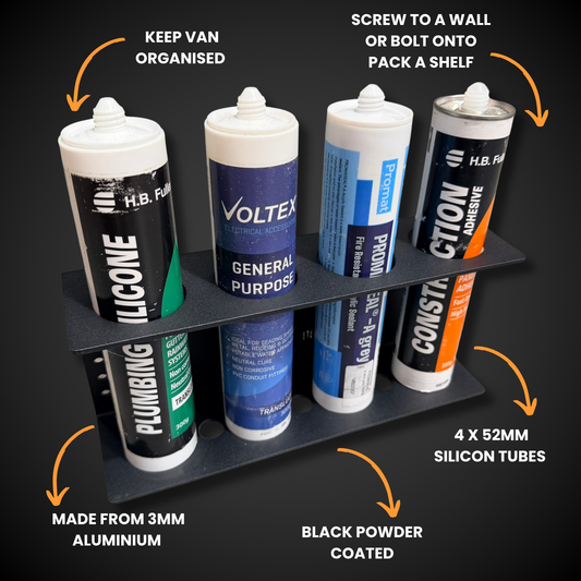 Quad Silicon Holder (Pack a Shelf) with adhesive tubes on a black background