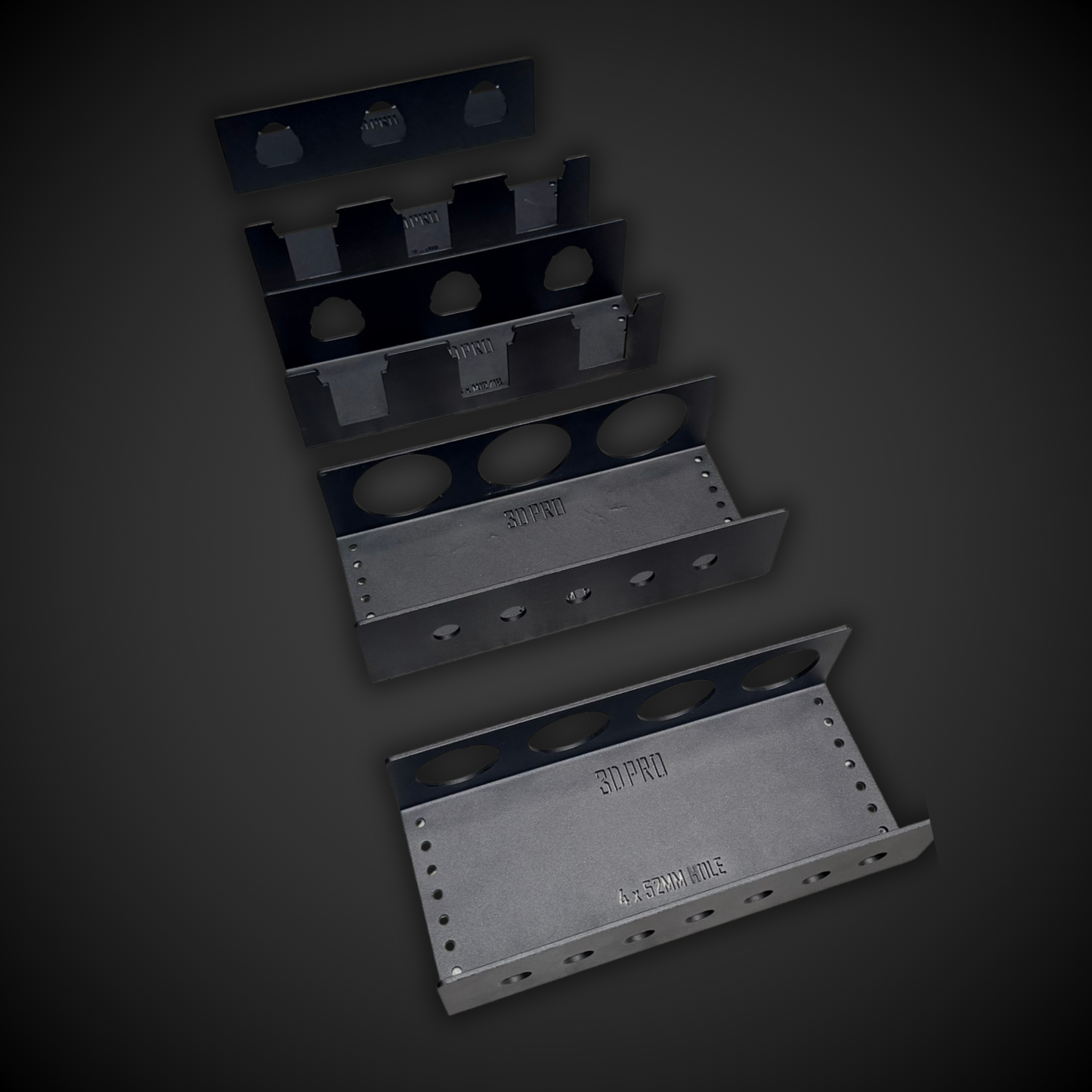 Set of 3DPRO Holders or stands on a dark background
