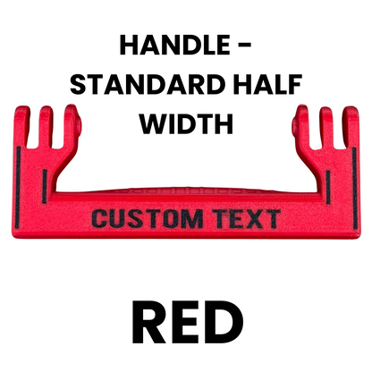 Red handle with customizable text on a white background