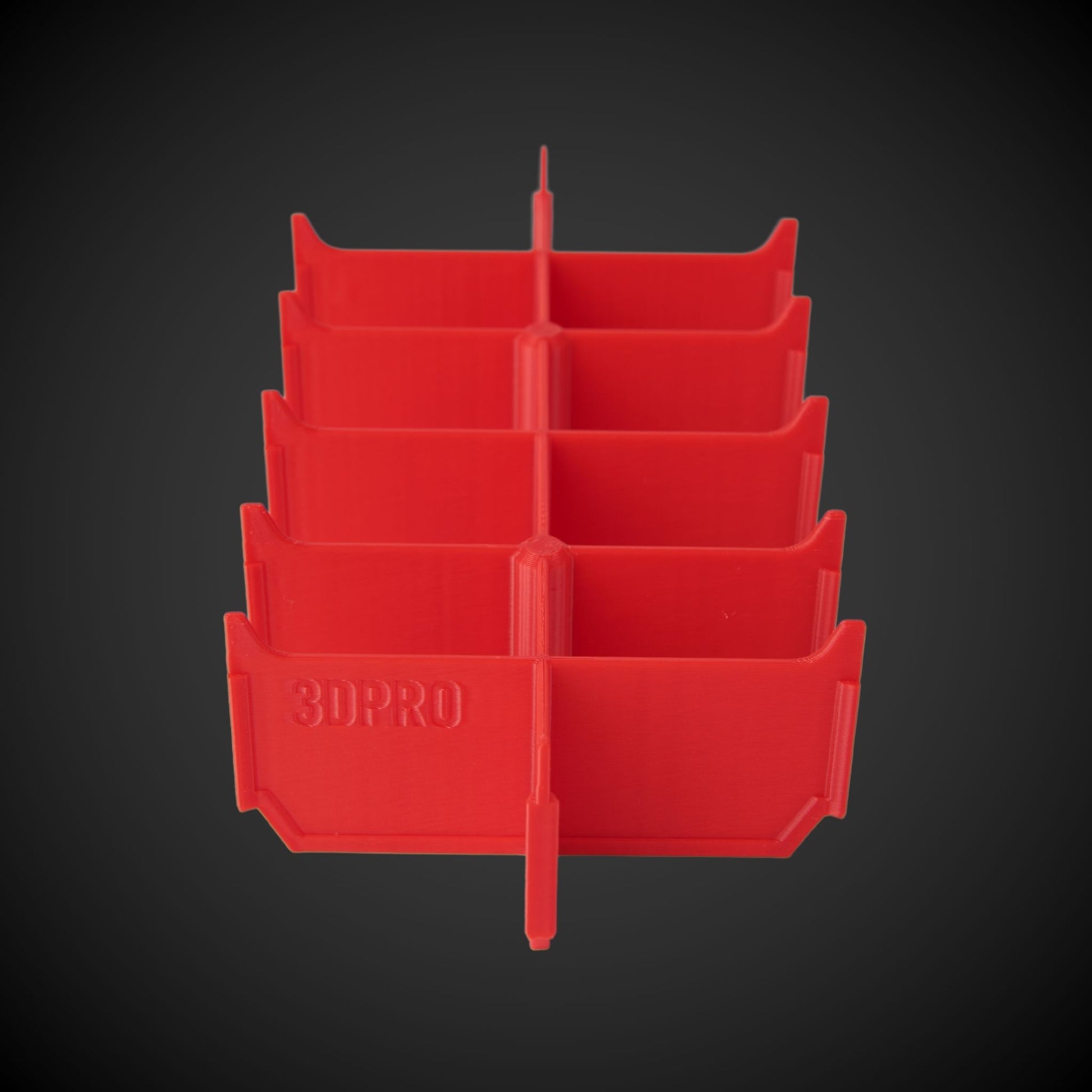 Red 12-Way Low Double Bin Divider with multiple compartments and '3DPRO' branding on a dark background