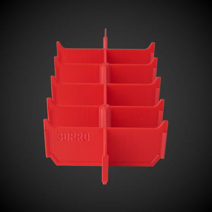 Red 12-Way Low Double Bin Divider with multiple compartments and '3DPRO' branding on a dark background