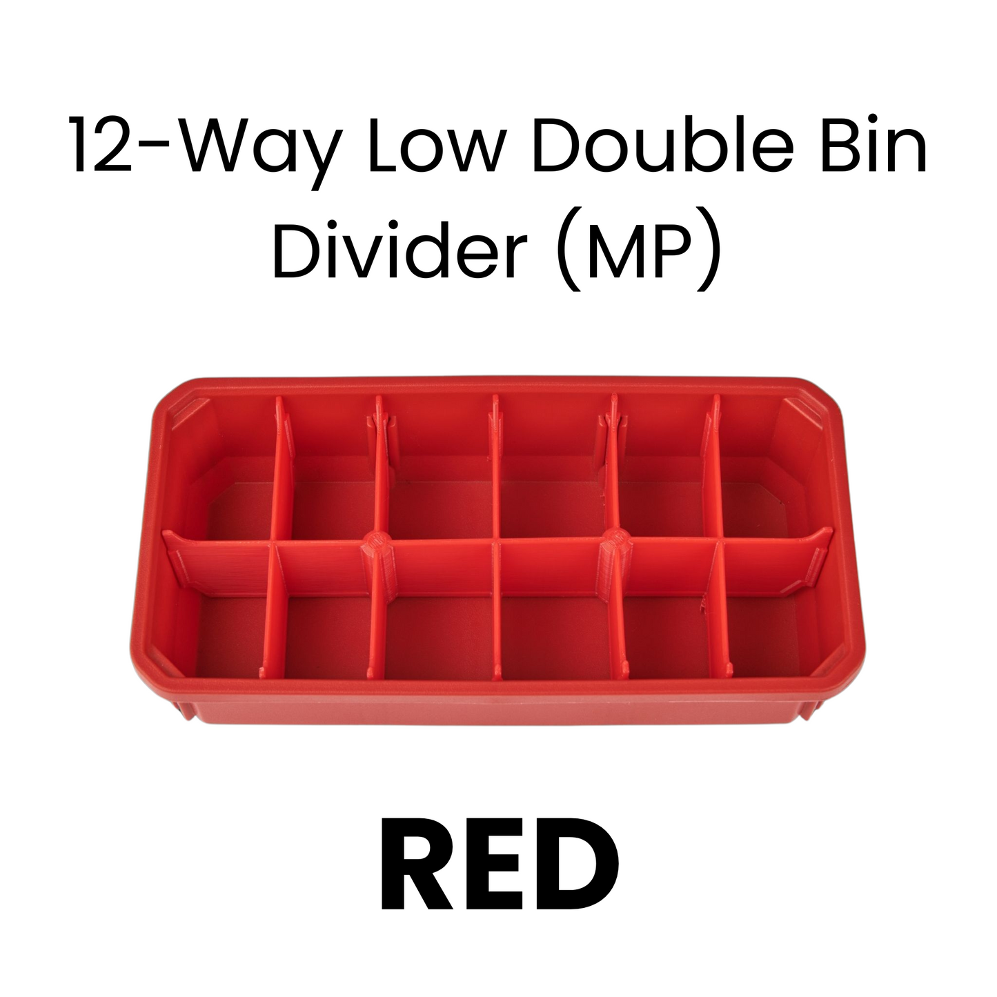 Red 12-way low double bin divider on a Milwaukee bin.