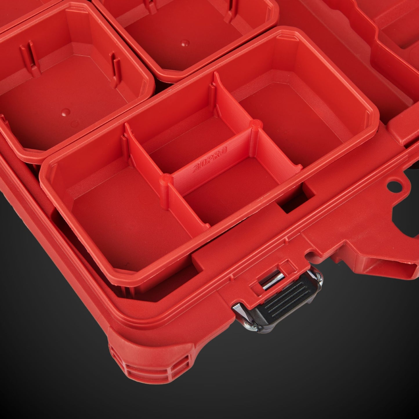 Red tool box with red 4-Way Low Double Bin Divider (MP)