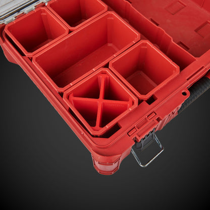 Red Milwaukee tool organizer with 4-Way Standard Single Bin Divider (MP) on a dark background