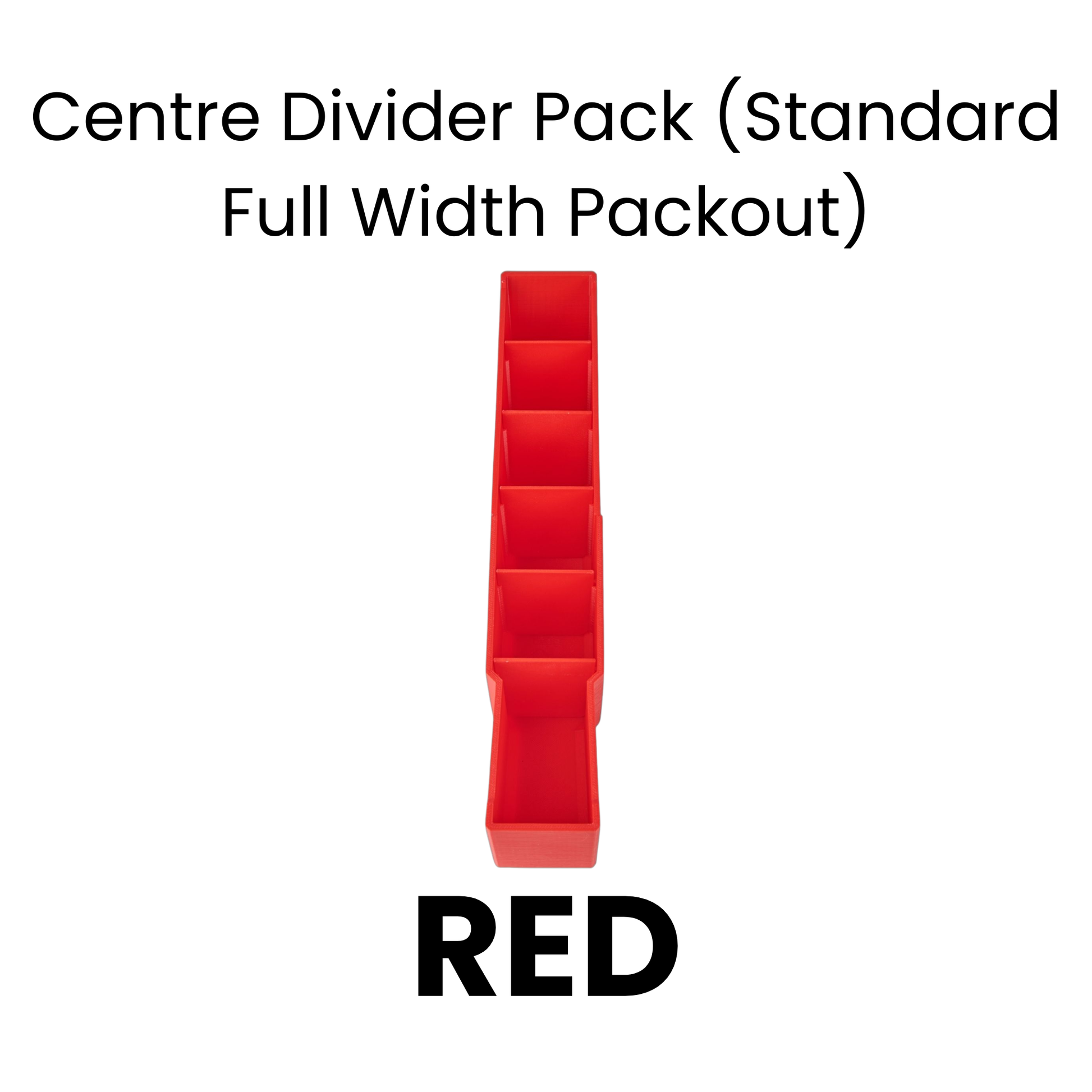Red bin with a black 4-way low double bin divider on a white background