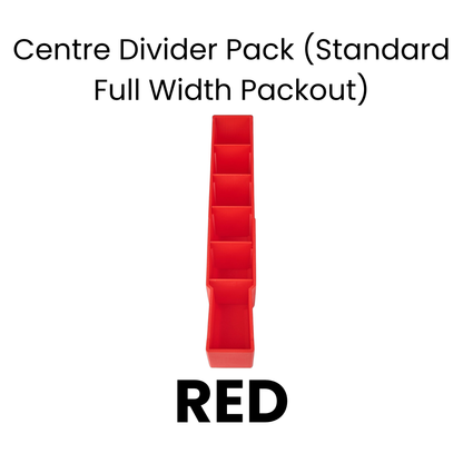 Red bin with a black 4-way low double bin divider on a white background
