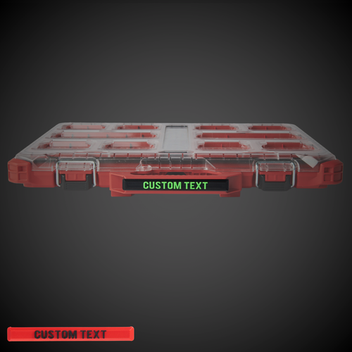 Custom label with red text on a red background, designed for a tool organizer from Milwaukee Slimline Packout.