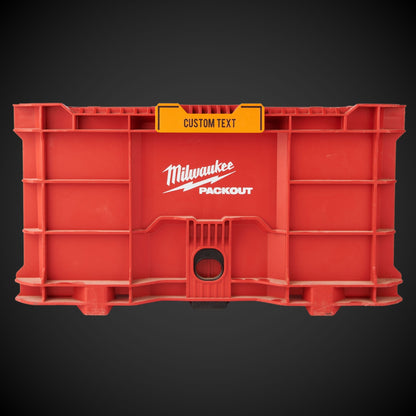 Custom Snap On Label - Crate (Orange Color) on a red Milwaukee Packout crate