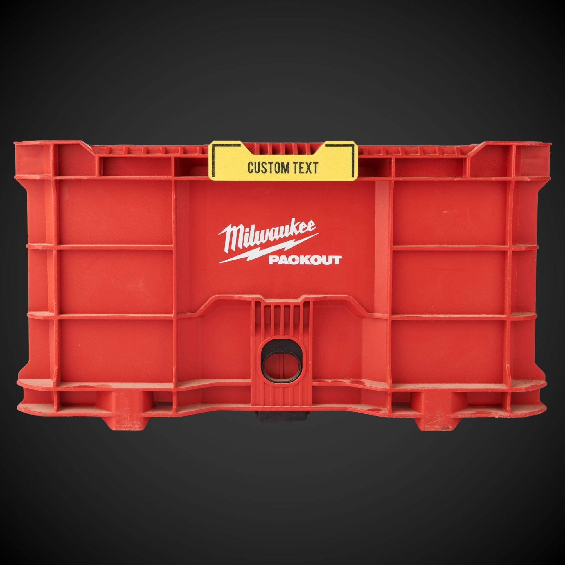 Custom Snap On Label - Crate Yellow Color on a red Milwaukee Packout crate