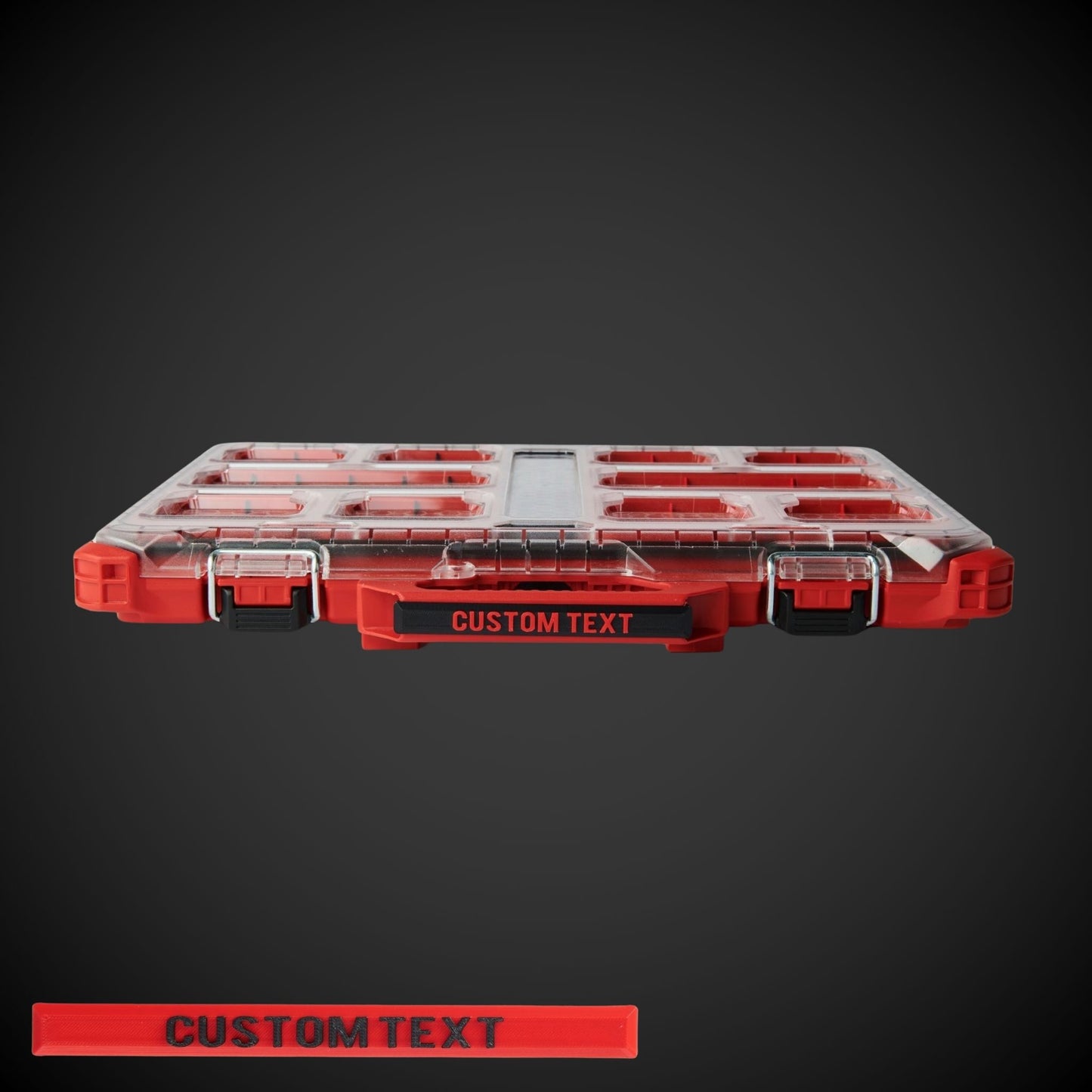 Miwaukee toolbox with 'CUSTOM TEXT' on a dark gray background