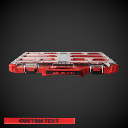 Miwaukee toolbox with 'CUSTOM TEXT' on a dark gray background
