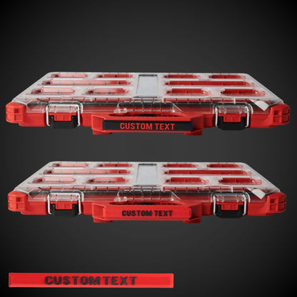 Red Milwaaukee packout with customizable text on a dark background
