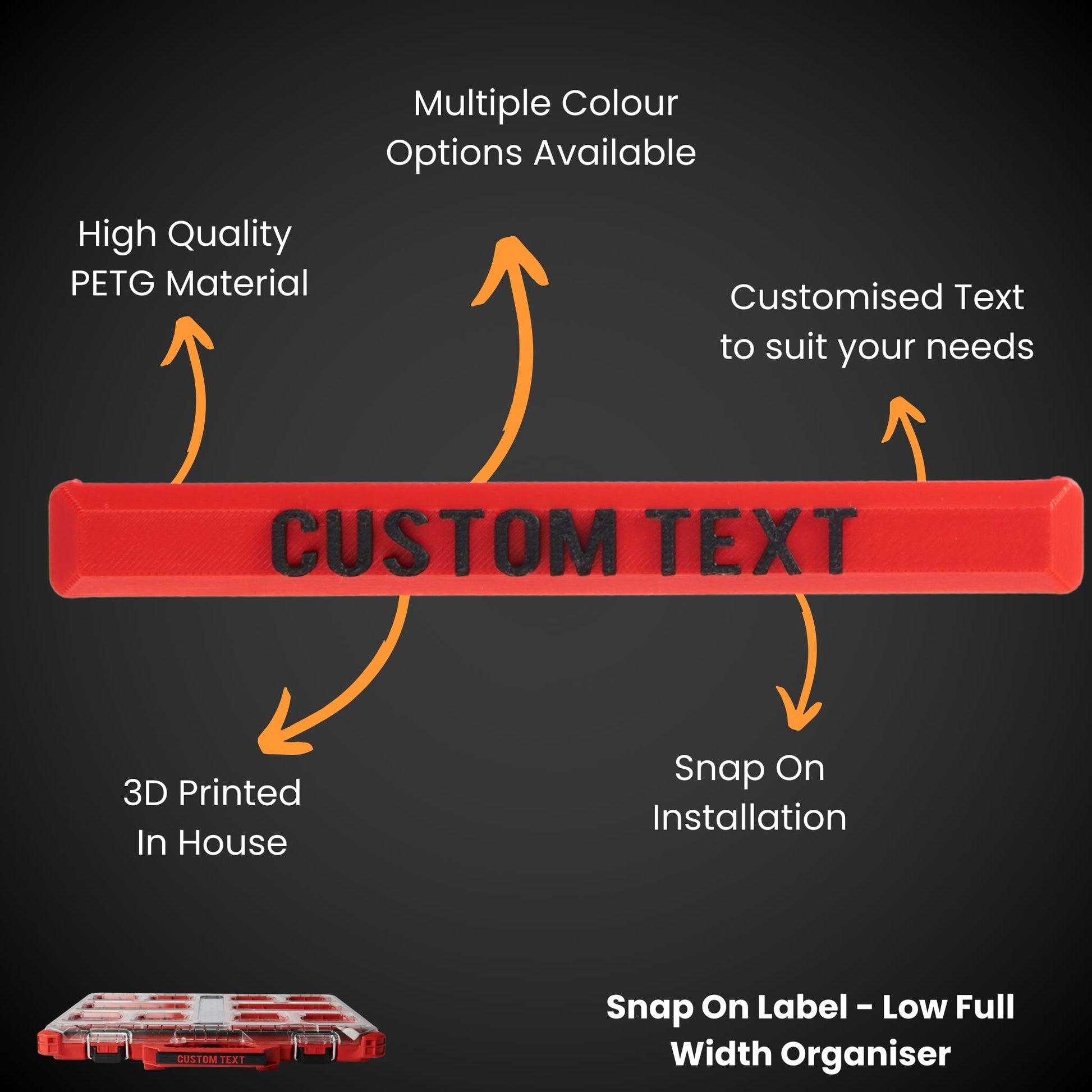 Red custom text snap on label with features highlighted on a black background