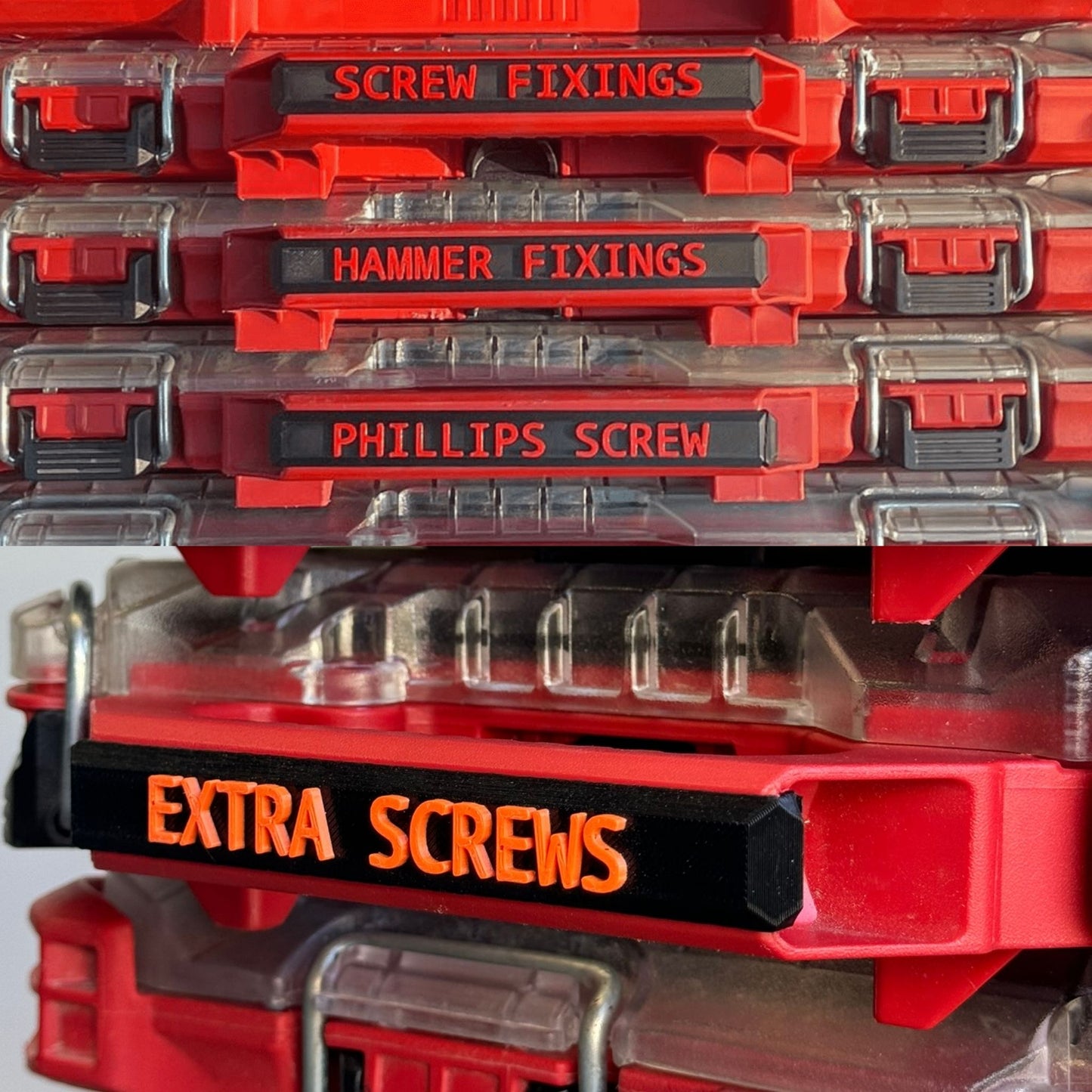 Stack of red milwaukee packout with labels for different types of screws