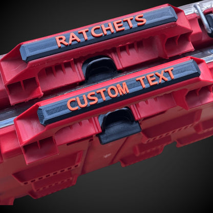 Milkwaukee packout with 'Ratchets' and 'Custom Text' labels on a dark background
