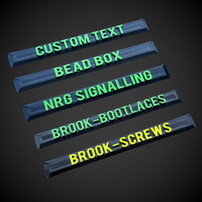 Set of customizable text for snap on label low full width organiser on a dark background