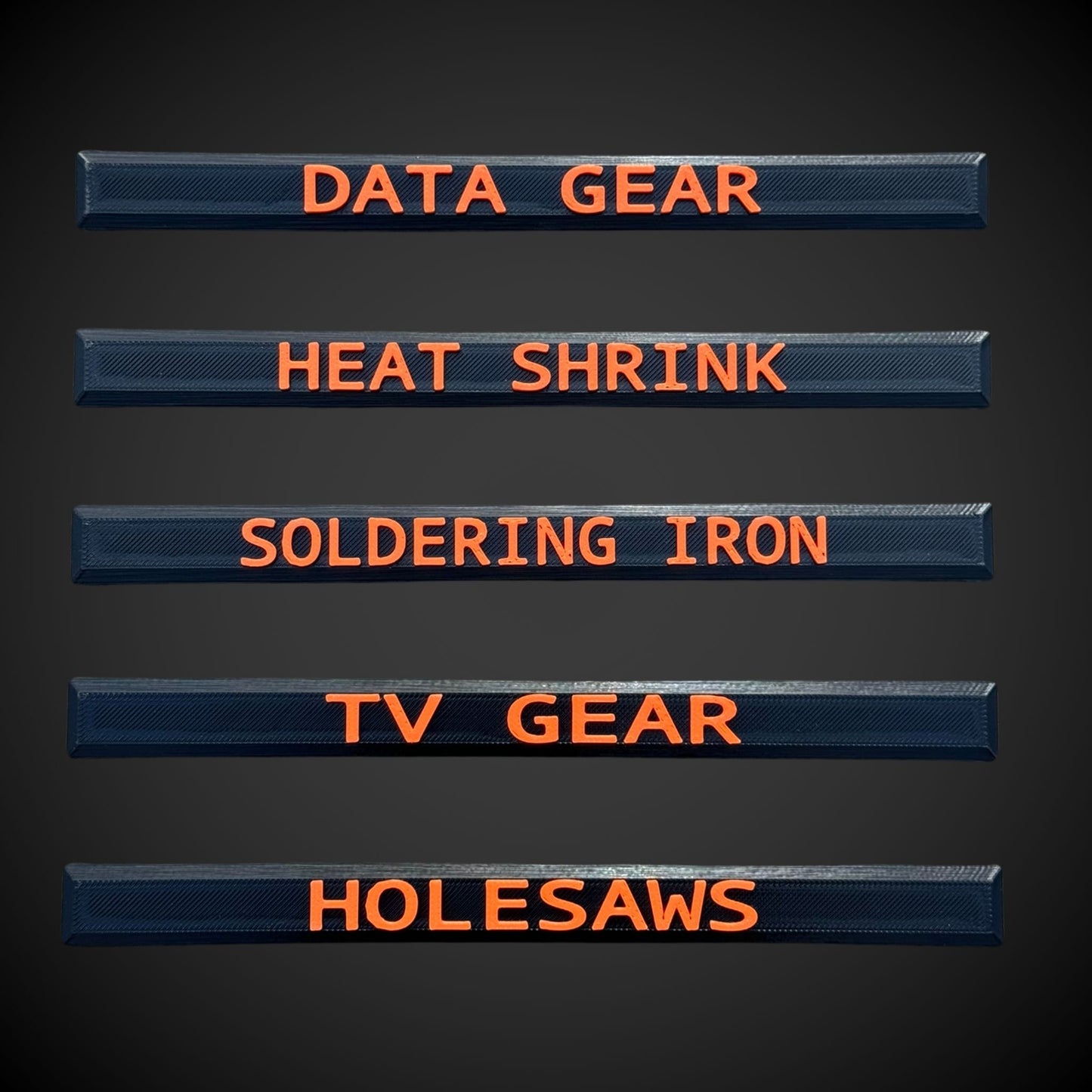 Snap on labels including 'Data Gear', 'Heat Shrink', 'Soldering Iron', 'TV Gear', and 'Holesaws' for easier tool management.