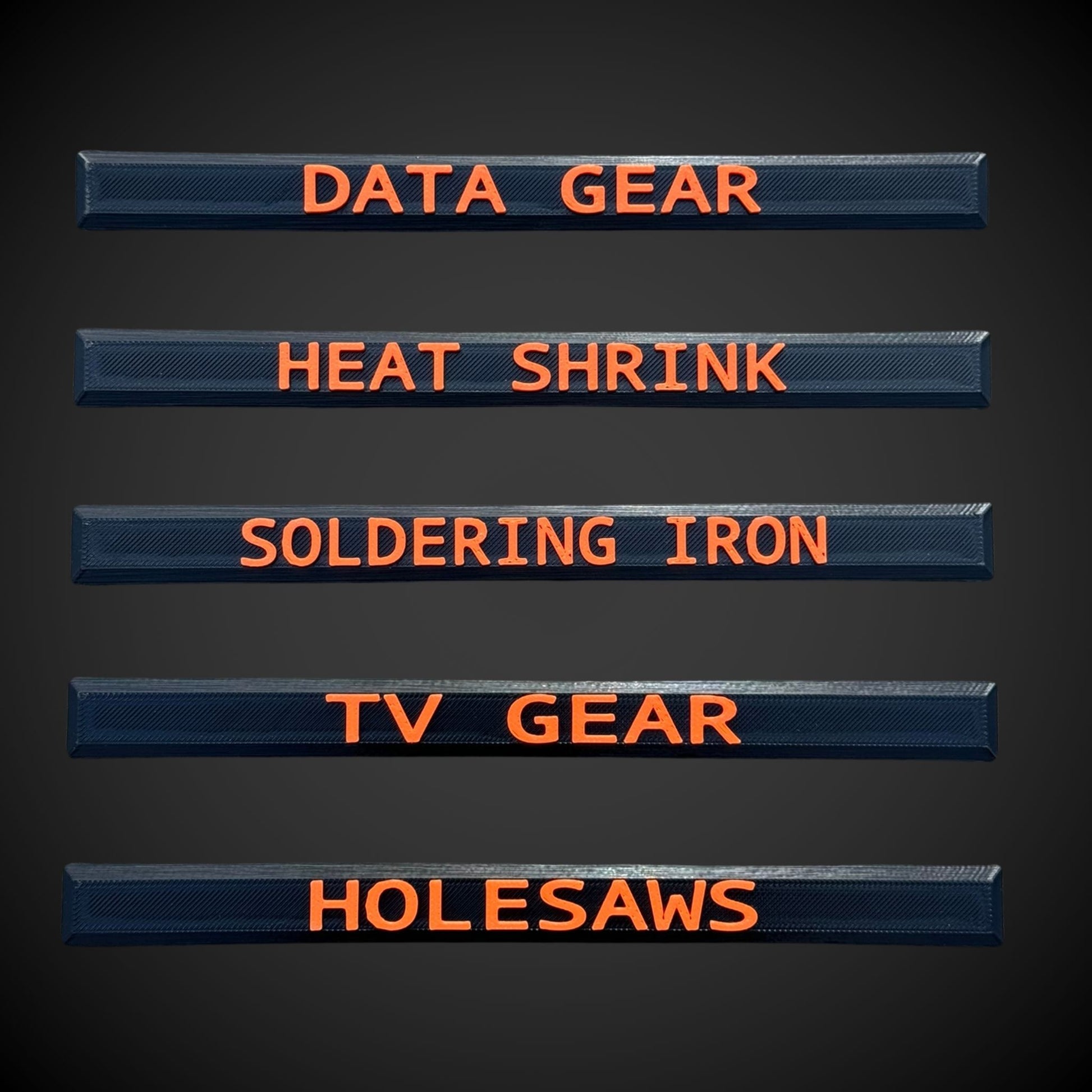 Snap on labels including 'Data Gear', 'Heat Shrink', 'Soldering Iron', 'TV Gear', and 'Holesaws' for easier tool management.
