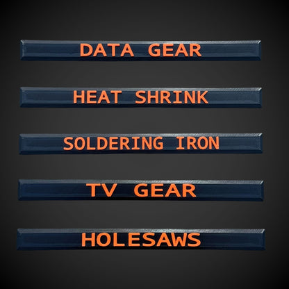 Snap on labels including 'Data Gear', 'Heat Shrink', 'Soldering Iron', 'TV Gear', and 'Holesaws' for easier tool management.