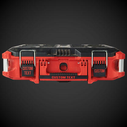 Red and black tool organizer with customizable text on a dark background