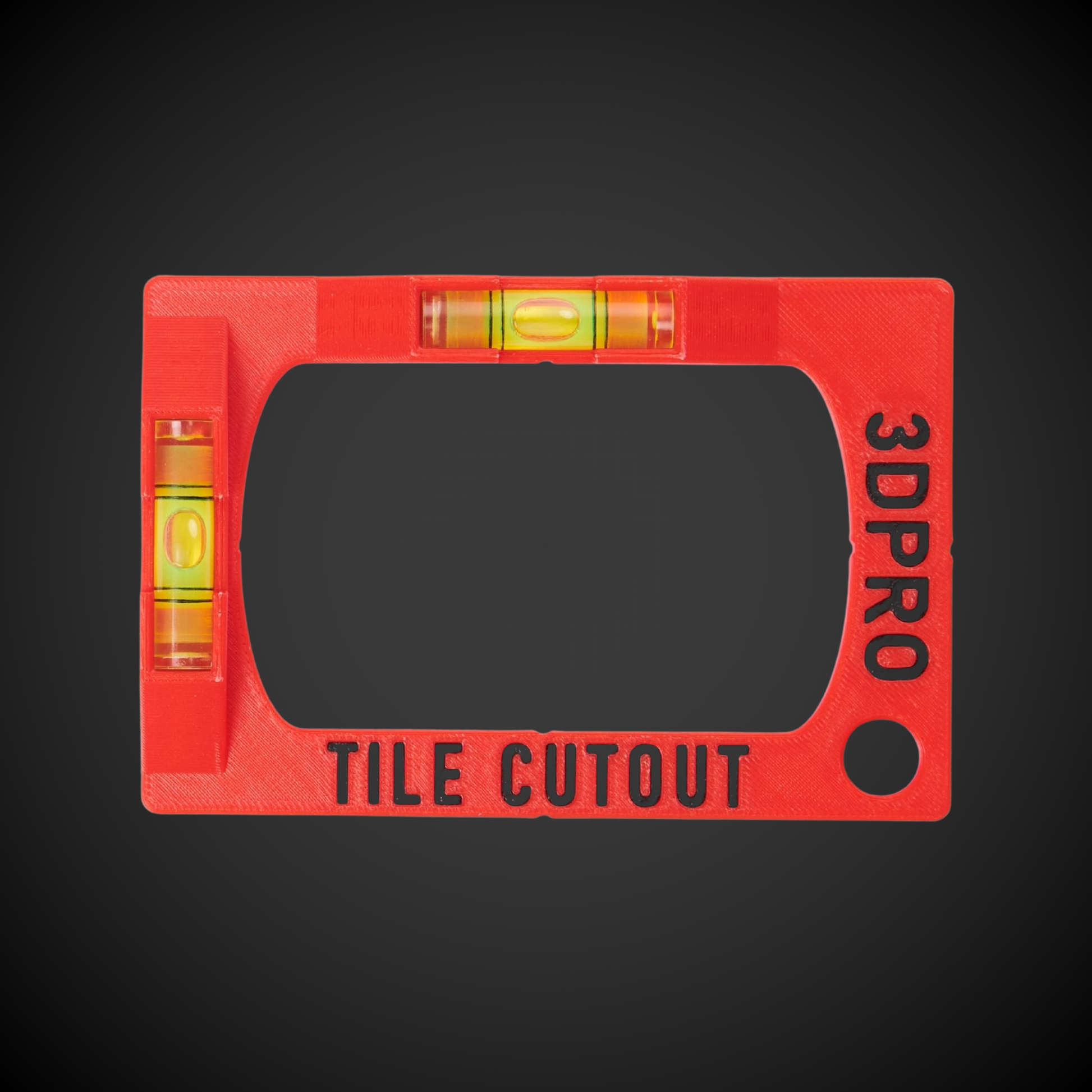 Red Tile Cut Out Templatewith level bubbles and '3DPRO' branding on a black background