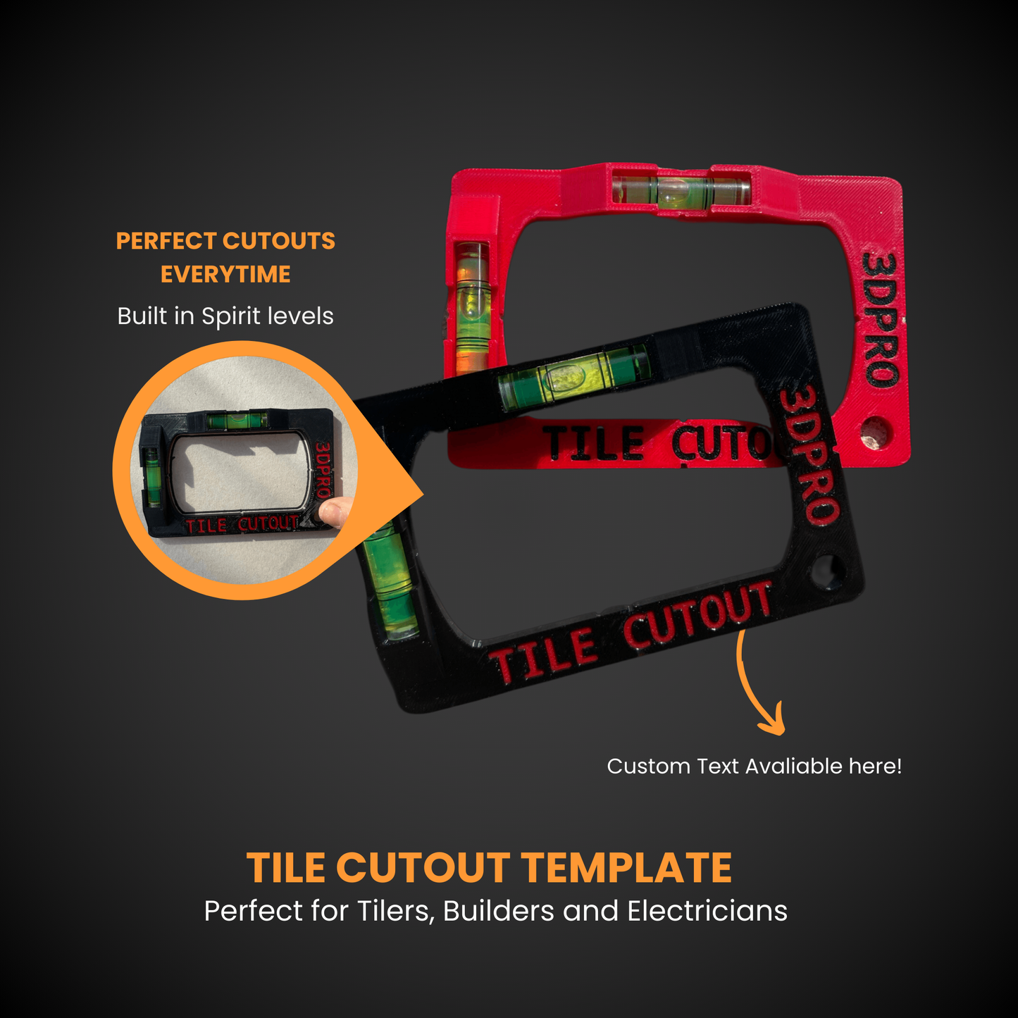 Tile cutout template with built in spirit levels on a dark background
